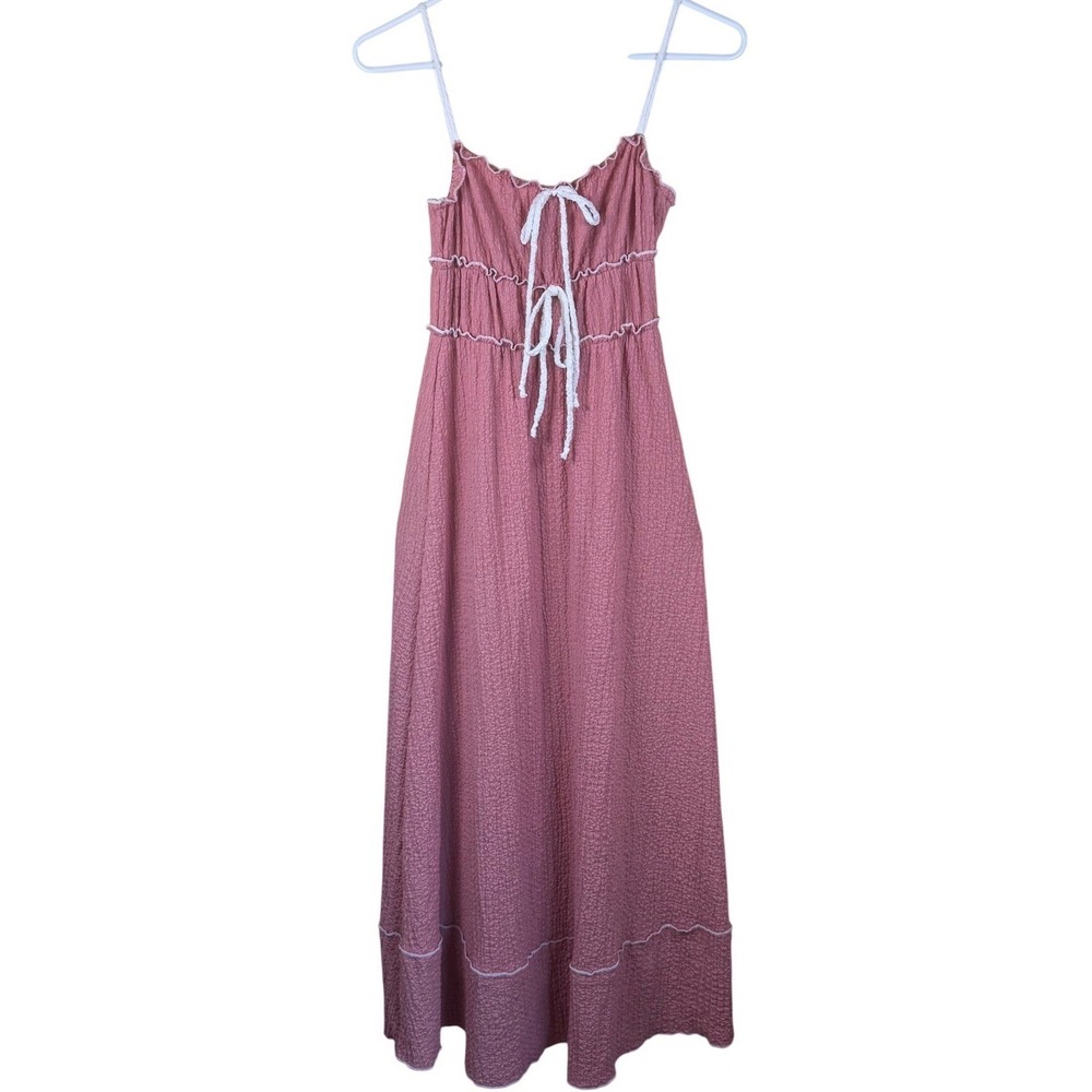 See You Monday Tie Maxi Dress Women Medium Pink White Cottagecore Popcorn Boho